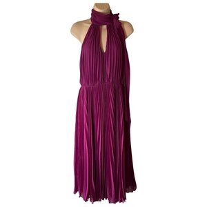 Betsey Johnson Purple Pleated Halter Midi Dress 8 Wedding Baby Shower Formal